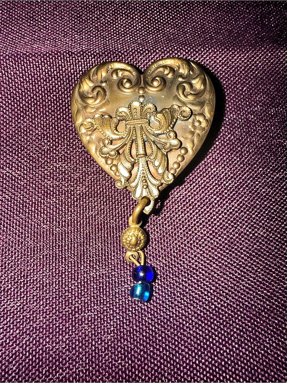 Vintage Ornate Brass Heart Lapel Watch Holder Brooch with Blue Bead Dangle
